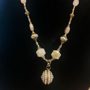 Gold-Tone Necklace with Pale Pink Beads and Crystal Orb Pendant